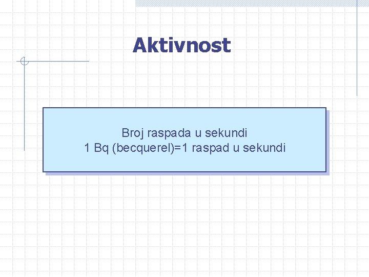 Aktivnost Broj raspada u sekundi 1 Bq (becquerel)=1 raspad u sekundi Aktivnost Broj raspada u sekundi 1 Bq (becquerel)=1 raspad u sekundi