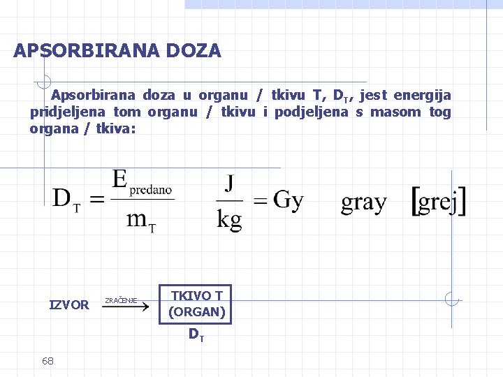 APSORBIRANA DOZA Apsorbirana doza u organu / tkivu T, DT, jest energija pridjeljena tom APSORBIRANA DOZA Apsorbirana doza u organu / tkivu T, DT, jest energija pridjeljena tom