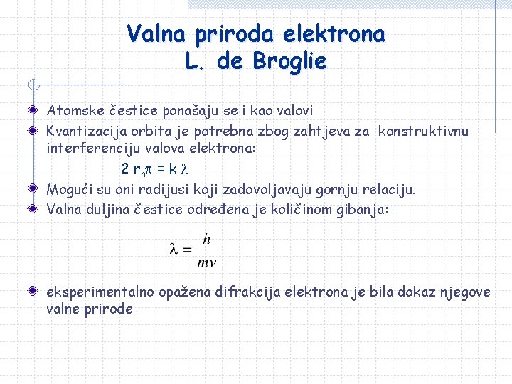 Valna priroda elektrona L. de Broglie Atomske čestice ponašaju se i kao valovi Kvantizacija Valna priroda elektrona L. de Broglie Atomske čestice ponašaju se i kao valovi Kvantizacija