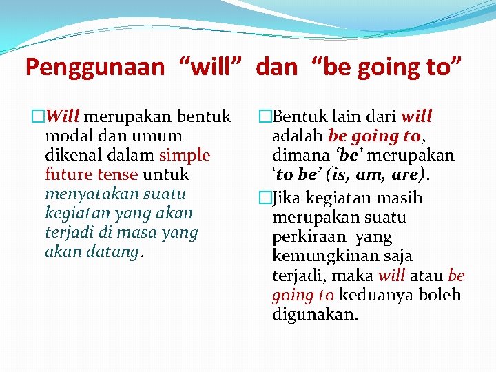 Penggunaan “will” dan “be going to” �Will merupakan bentuk modal dan umum dikenal dalam Penggunaan “will” dan “be going to” �Will merupakan bentuk modal dan umum dikenal dalam