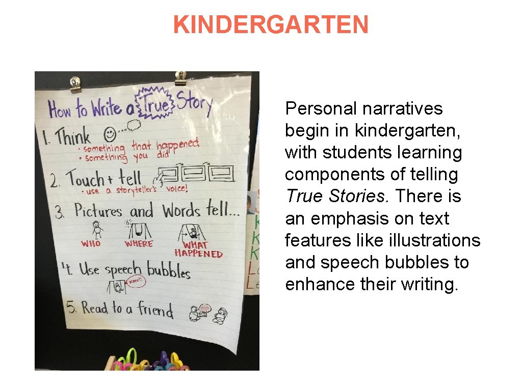 KINDERGARTEN Personal narratives begin in kindergarten, with students learning components of telling True Stories. KINDERGARTEN Personal narratives begin in kindergarten, with students learning components of telling True Stories.