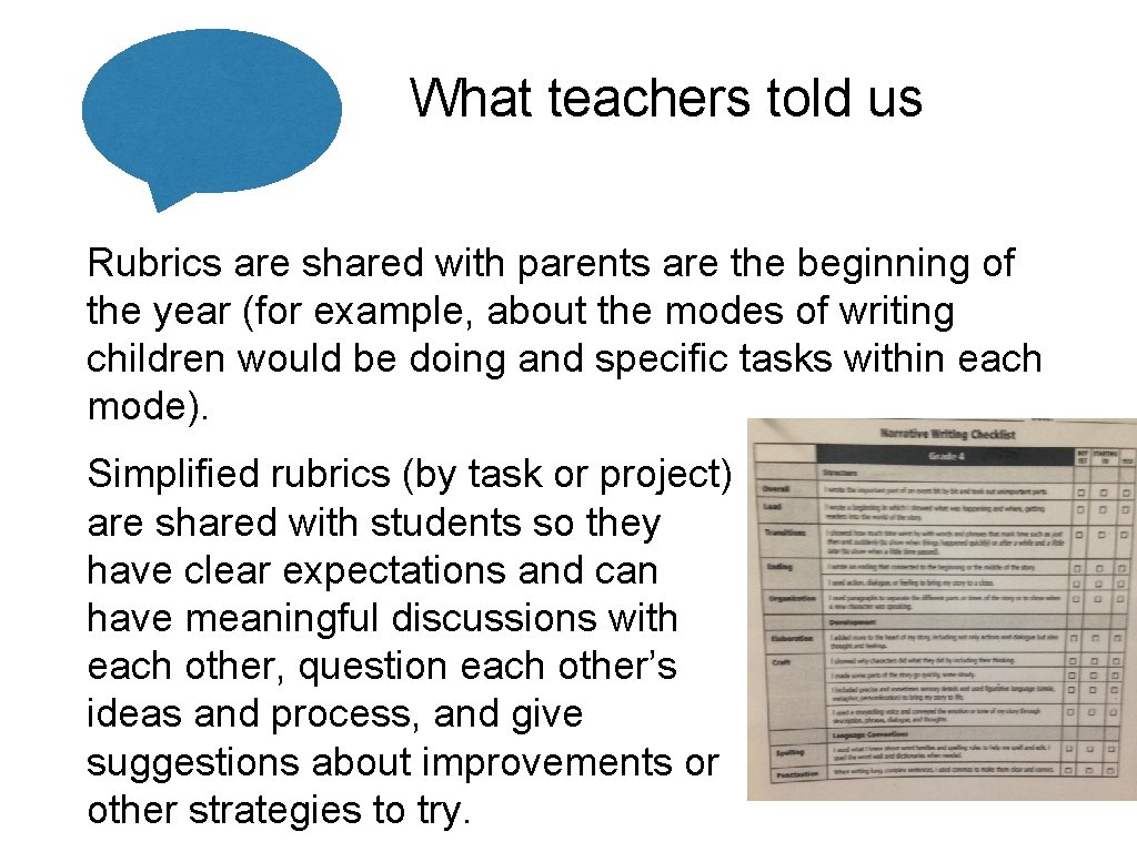 What teachers told us Rubrics are shared with parents are the beginning of the What teachers told us Rubrics are shared with parents are the beginning of the