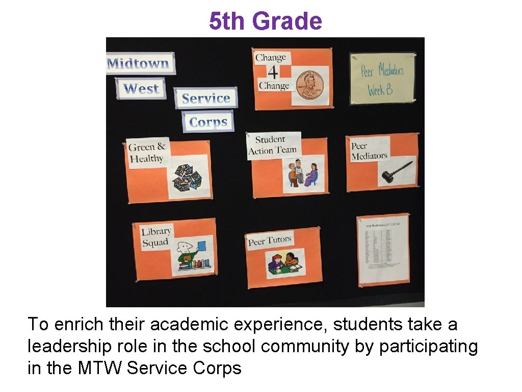 5 th Grade To enrich their academic experience, students take a leadership role in 5 th Grade To enrich their academic experience, students take a leadership role in