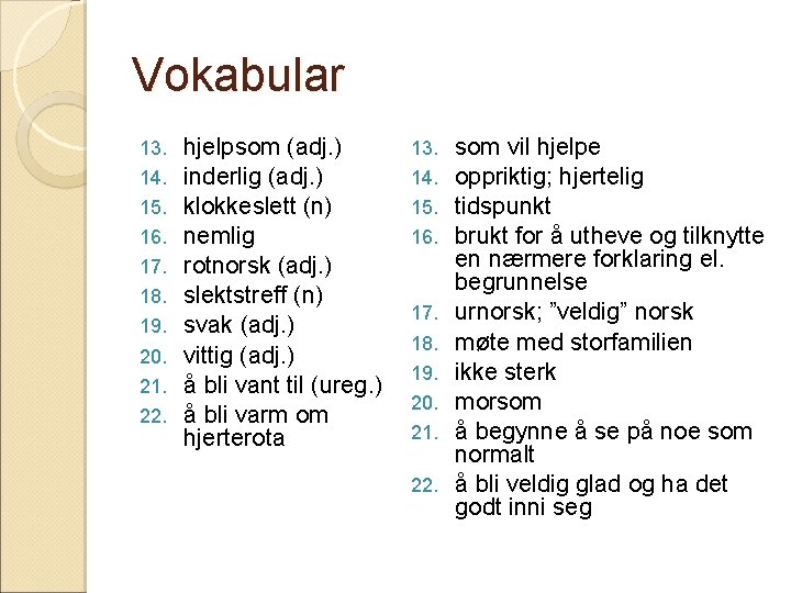 Vokabular 13. 14. 15. 16. 17. 18. 19. 20. 21. 22. hjelpsom (adj. )