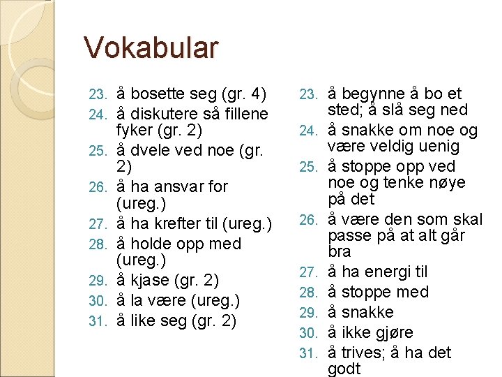 Vokabular 23. 24. 25. 26. 27. 28. 29. 30. 31. å bosette seg (gr.