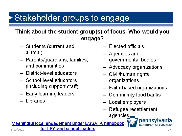 Stakeholder groups to engage Think about the student group(s) of focus. Who would you