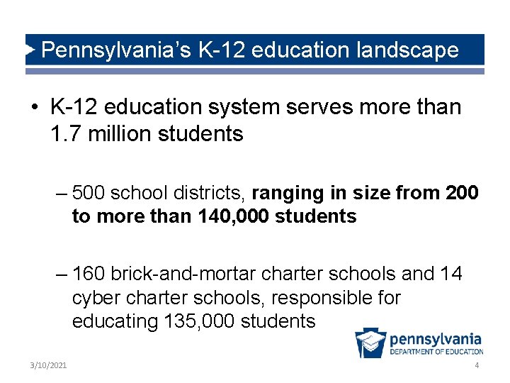 Pennsylvania’s K-12 education landscape • K-12 education system serves more than 1. 7 million