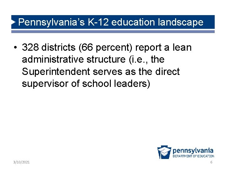 Pennsylvania’s K-12 education landscape • 328 districts (66 percent) report a lean administrative structure