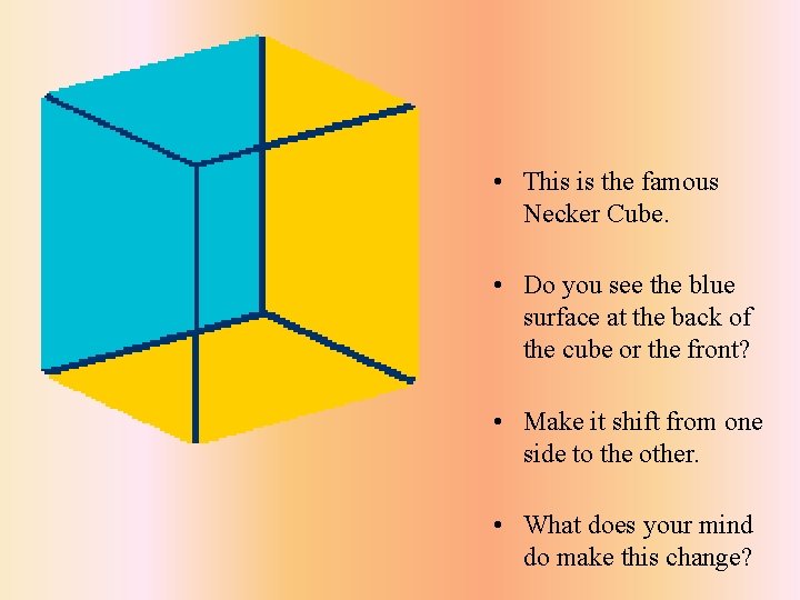  • This is the famous Necker Cube. • Do you see the blue