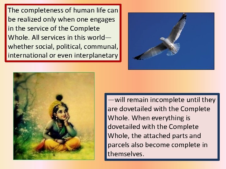 The completeness of human life can be realized only when one engages in the