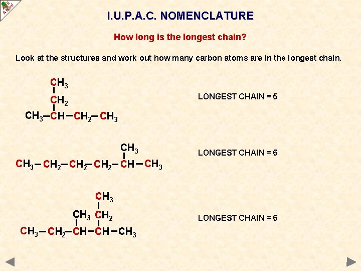 I. U. P. A. C. NOMENCLATURE How long is the longest chain? Look at