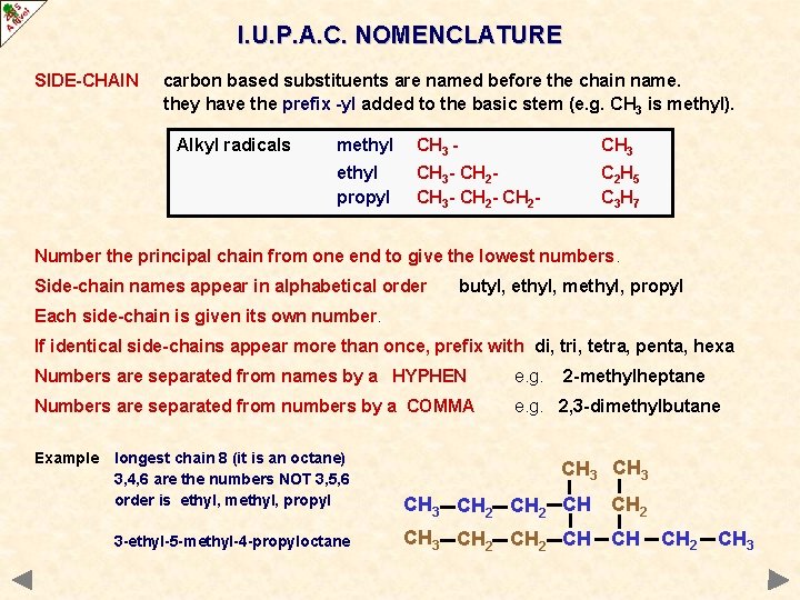 I. U. P. A. C. NOMENCLATURE SIDE-CHAIN carbon based substituents are named before the