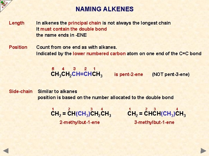 NAMING ALKENES Length In alkenes the principal chain is not always the longest chain