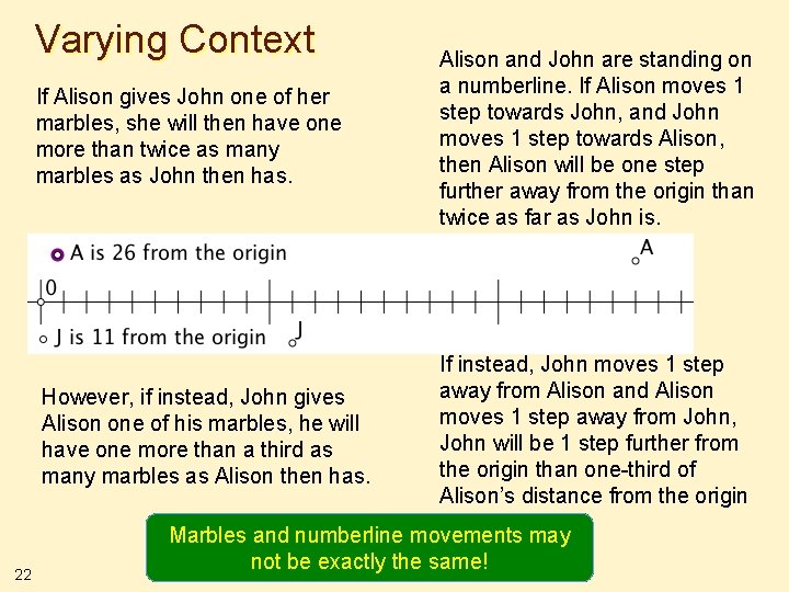 Varying Context 22 If Alison gives John one of her marbles, she will then