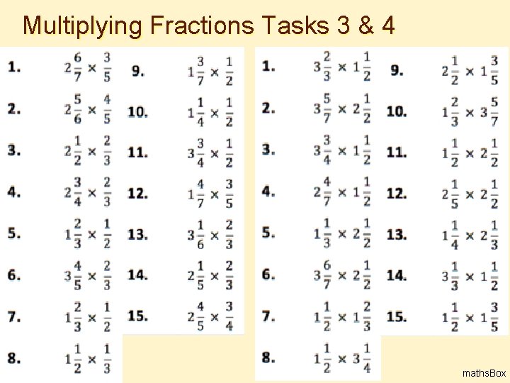 Multiplying Fractions Tasks 3 & 4 7 maths. Box 