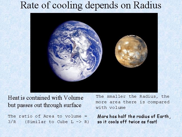 Rate of cooling depends on Radius Heat is contained with Volume but passes out