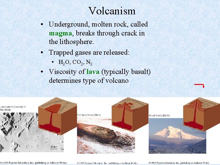 Volcanism • Underground, molten rock, called magma, breaks through crack in the lithosphere. •