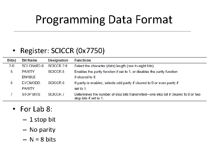 Programming Data Format • Register: SCICCR (0 x 7750) • For Lab 8: –