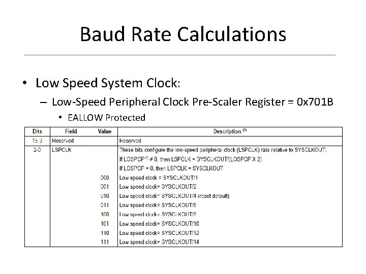 Baud Rate Calculations • Low Speed System Clock: – Low-Speed Peripheral Clock Pre-Scaler Register