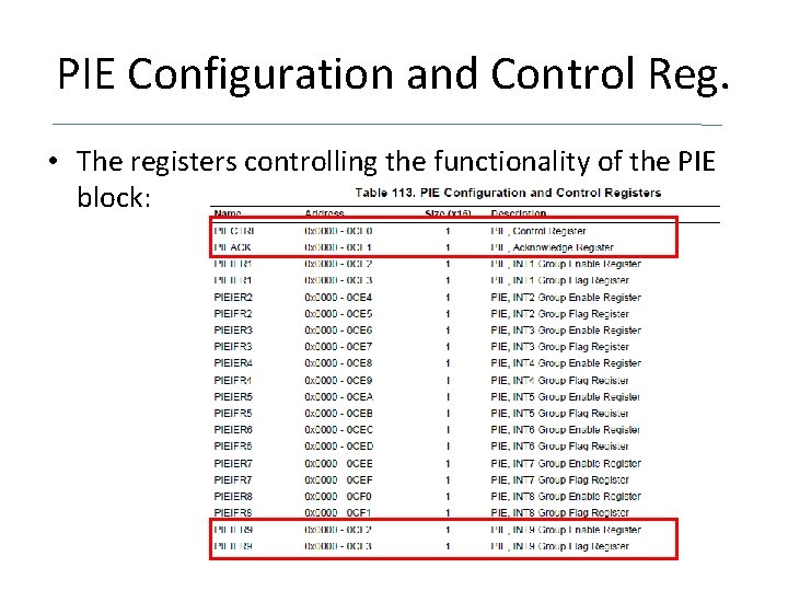 PIE Configuration and Control Reg. • The registers controlling the functionality of the PIE