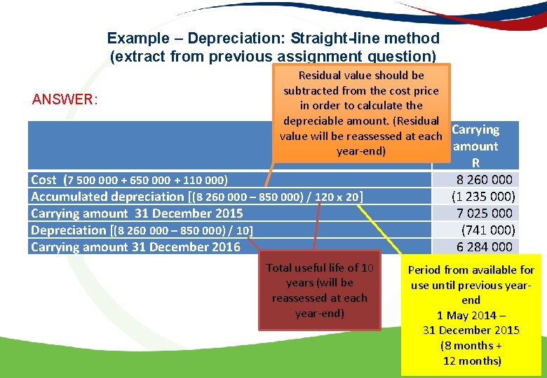 Example – Depreciation: Straight-line method (extract from previous assignment question) ANSWER: Residual value should