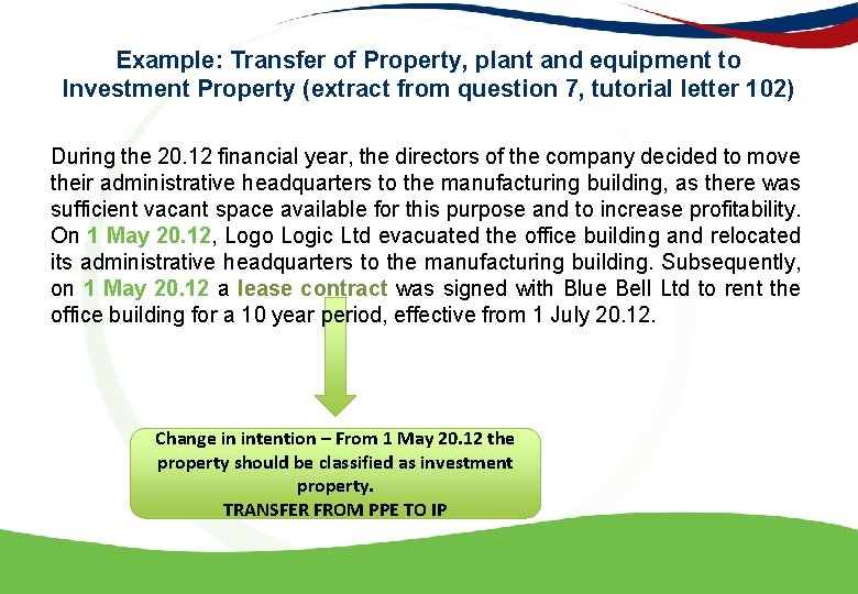 Example: Transfer of Property, plant and equipment to Investment Property (extract from question 7,