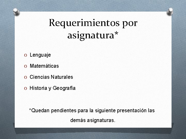 Requerimientos por asignatura* O Lenguaje O Matemáticas O Ciencias Naturales O Historia y Geografía