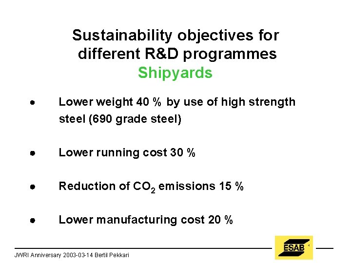 Sustainability objectives for different R&D programmes Shipyards · Lower weight 40 % by use Sustainability objectives for different R&D programmes Shipyards · Lower weight 40 % by use