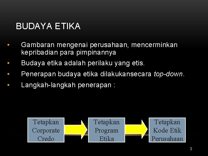 BUDAYA ETIKA • Gambaran mengenai perusahaan, mencerminkan kepribadian para pimpinannya • Budaya etika adalah