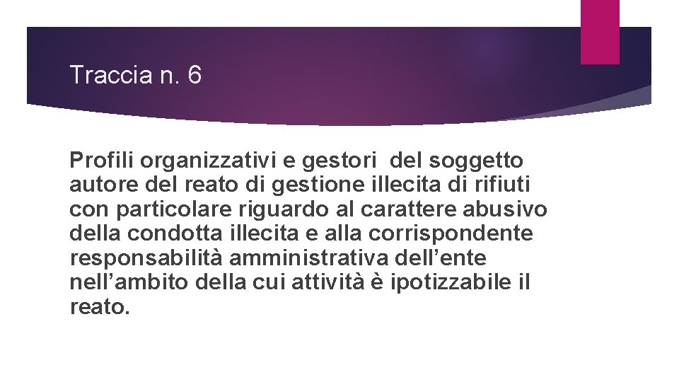 Traccia n. 6 Profili organizzativi e gestori del soggetto autore del reato di gestione