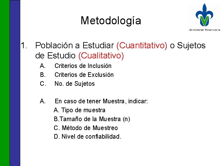 Metodología 1. Población a Estudiar (Cuantitativo) o Sujetos de Estudio (Cualitativo) A. B. C.