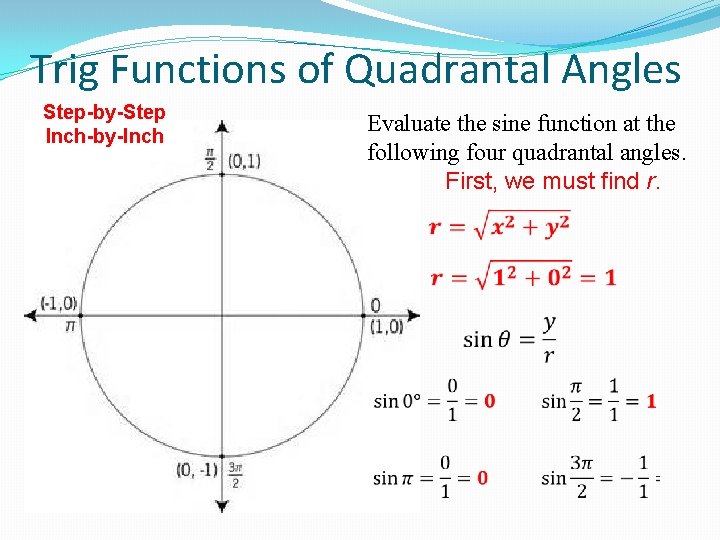 Trig Functions of Quadrantal Angles Step-by-Step Inch-by-Inch Evaluate the sine function at the following