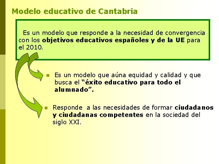 Modelo educativo de Cantabria Es un modelo que responde a la necesidad de convergencia