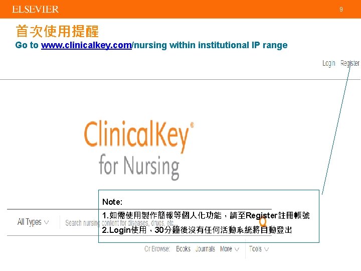 9 首次使用提醒 Go to www. clinicalkey. com/nursing within institutional IP range Note: 1. 如需使用製作簡報等個人化功能，請至Register註冊帳號