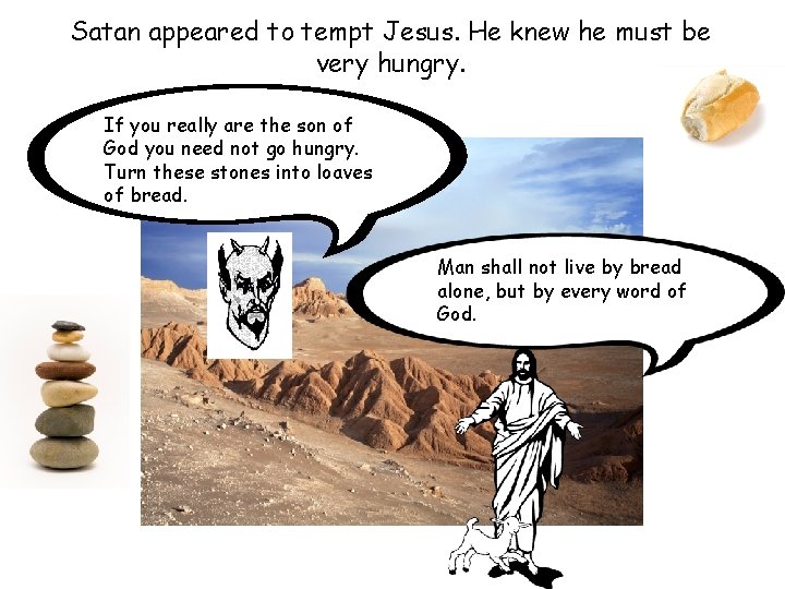 Satan appeared to tempt Jesus. He knew he must be very hungry. If you Satan appeared to tempt Jesus. He knew he must be very hungry. If you