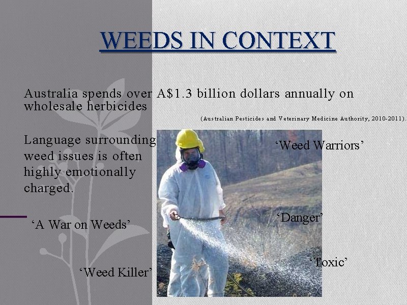 WEEDS IN CONTEXT Australia spends over A$1. 3 billion dollars annually on wholesale herbicides