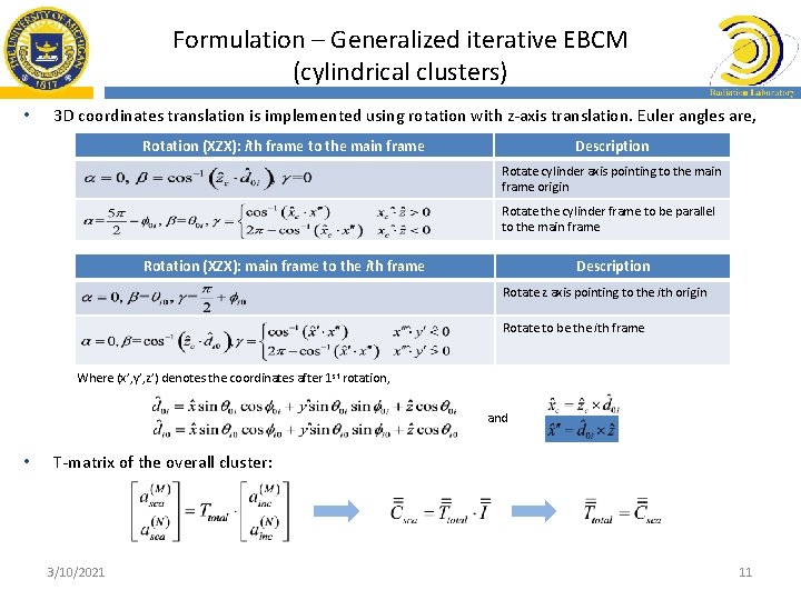 Formulation – Generalized iterative EBCM (cylindrical clusters) • 3 D coordinates translation is implemented