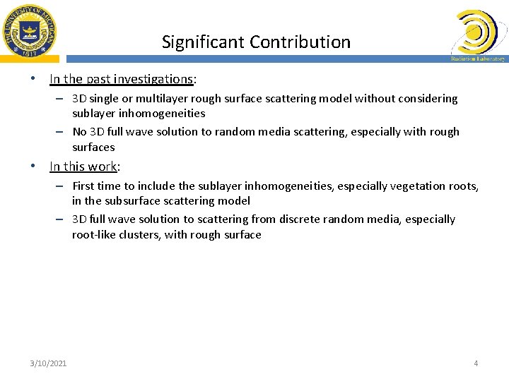 Significant Contribution • In the past investigations: – 3 D single or multilayer rough
