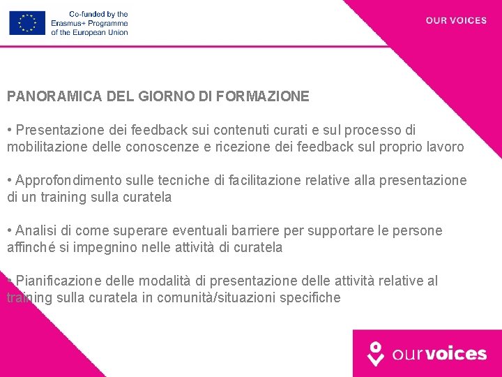 PANORAMICA DEL GIORNO DI FORMAZIONE • Presentazione dei feedback sui contenuti curati e sul