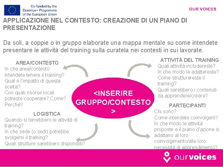 APPLICAZIONE NEL CONTESTO: CREAZIONE DI UN PIANO DI PRESENTAZIONE Da soli, a coppie o