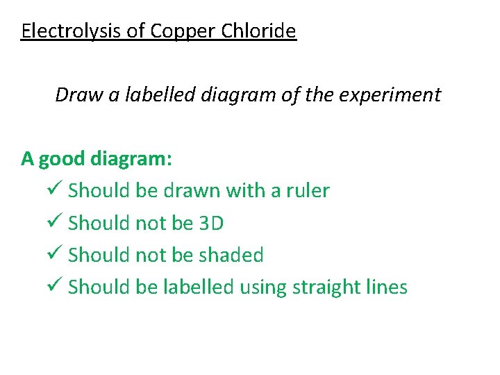 Electrolysis of Copper Chloride Draw a labelled diagram of the experiment A good diagram: