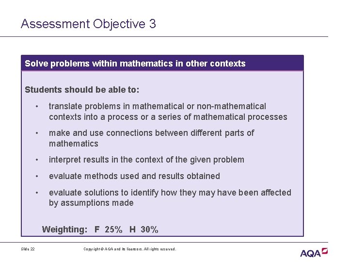 Assessment Objective 3 Solve problems within mathematics in other contexts Students should be able