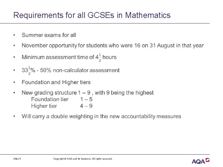 Requirements for all GCSEs in Mathematics Slide 5 Copyright © AQA and its licensors.