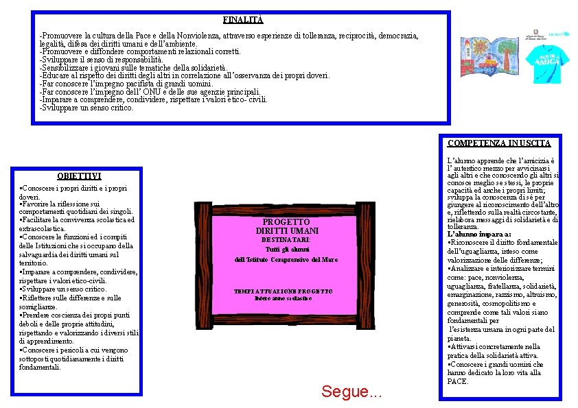 FINALITÀ -Promuovere la cultura della Pace e della Nonviolenza, attraverso esperienze di tolleranza, reciprocità,