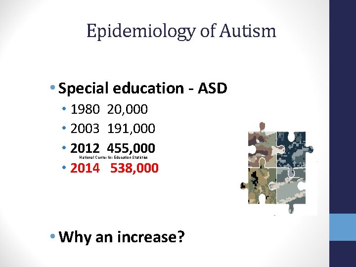 Epidemiology of Autism • Special education - ASD • 1980 • 2003 • 2012