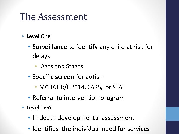 The Assessment • Level One • Surveillance to identify any child at risk for