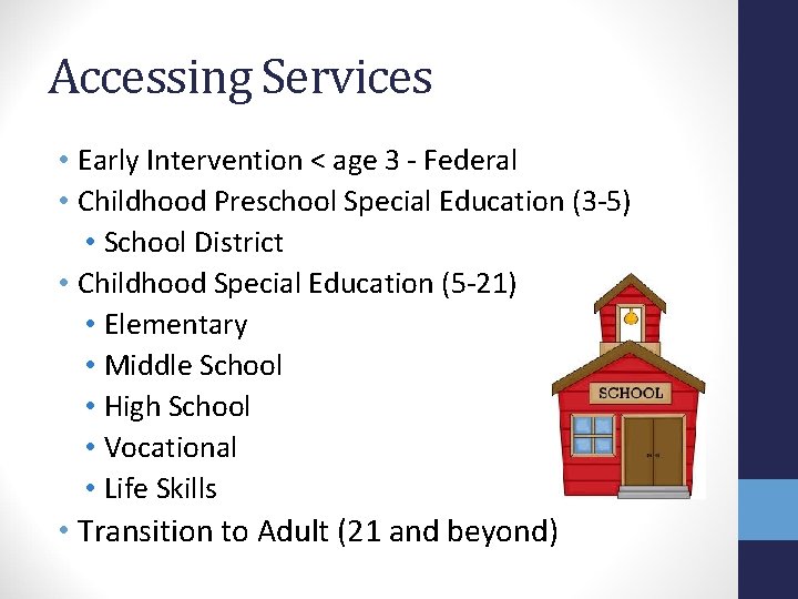 Accessing Services • Early Intervention < age 3 - Federal • Childhood Preschool Special