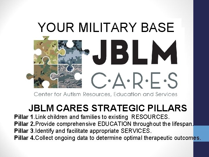 YOUR MILITARY BASE JBLM CARES STRATEGIC PILLARS Pillar 1. Link children and families to