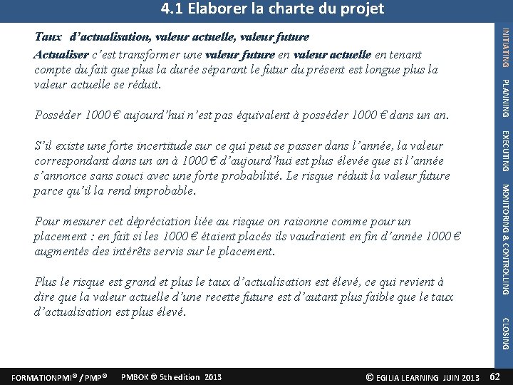 4. 1 Elaborer la charte du projet INITIATING PLANNING Taux d’actualisation, valeur actuelle, valeur