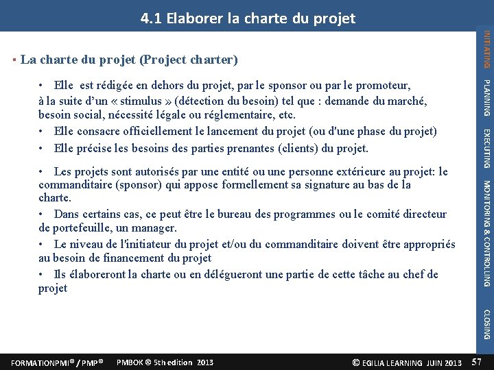 4. 1 Elaborer la charte du projet INITIATING La charte du projet (Project charter)